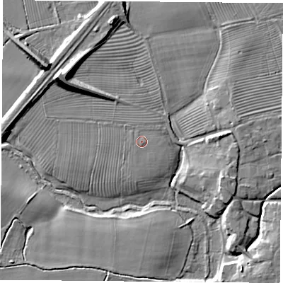 Shaded relief map of the ground around YO237AN, computed from Environment Agency LiDAR. The ground here sits at about 8 m above sea level and falls 14 m across the surrounding 800 m. Surface water reaching this point runs off ground lying to the south, 0.6 m higher.