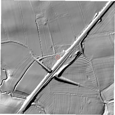 Shaded relief map of the ground around YO237AP, computed from Environment Agency LiDAR. The ground here sits at about 9 m above sea level and falls 13 m across the surrounding 800 m. Surface water reaching this point runs off ground lying to the south-south-west, 9.8 m higher.