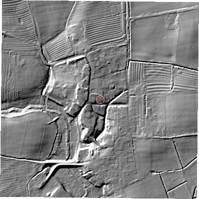 Shaded relief map of the ground around YO237AQ, computed from Environment Agency LiDAR. The ground here sits at about 10 m above sea level and falls 9 m across the surrounding 800 m. Surface water reaching this point runs off ground lying to the west-north-west, 6.0 m higher.