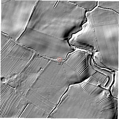 Shaded relief map of the ground around YO237AS, computed from Environment Agency LiDAR. The ground here sits at about 10 m above sea level and falls 9 m across the surrounding 800 m. Surface water reaching this point runs off ground lying to the west-north-west, 3.1 m higher.