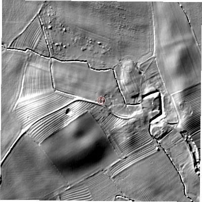 Shaded relief map of the ground around YO237AU, computed from Environment Agency LiDAR. The ground here sits at about 11 m above sea level and falls 11 m across the surrounding 800 m. Surface water reaching this point runs off ground lying to the west-south-west, 9.6 m higher.