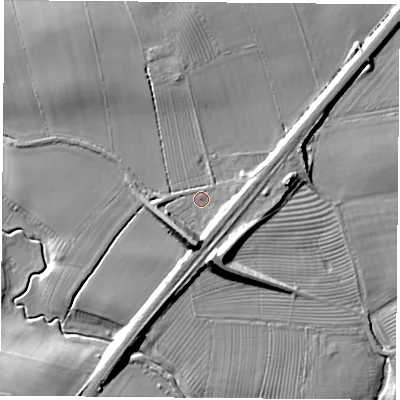 Shaded relief map of the ground around YO237AW, computed from Environment Agency LiDAR. The ground here sits at about 9 m above sea level and falls 13 m across the surrounding 800 m. Surface water reaching this point runs off ground lying to the south, 9.8 m higher.