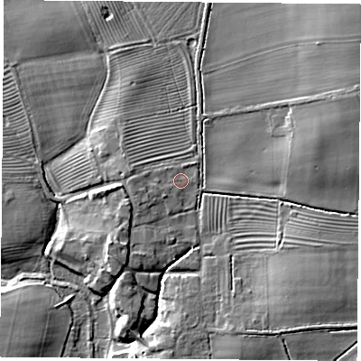 Shaded relief map of the ground around YO237AY, computed from Environment Agency LiDAR. The ground here sits at about 9 m above sea level and falls 12 m across the surrounding 800 m. Surface water reaching this point runs off ground lying to the west, 2.3 m higher.