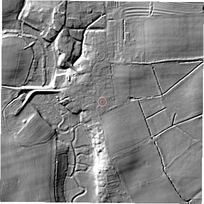 Shaded relief map of the ground around YO237BA, computed from Environment Agency LiDAR. The ground here sits at about 10 m above sea level and falls 9 m across the surrounding 800 m. Surface water reaching this point runs off ground lying to the west-north-west, 0.6 m higher.