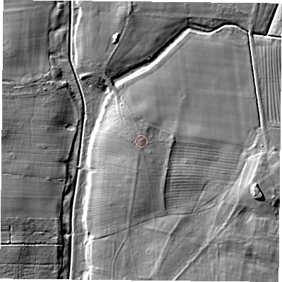 Shaded relief map of the ground around YO237BE, computed from Environment Agency LiDAR. The ground here sits at about 12 m above sea level and falls 11 m across the surrounding 800 m. The ground contributing surface water to this point lies to the west.