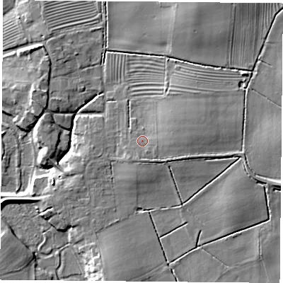 Shaded relief map of the ground around YO237BF, computed from Environment Agency LiDAR. The ground here sits at about 11 m above sea level and falls 9 m across the surrounding 800 m. Surface water reaching this point runs off ground lying to the east, 2.5 m higher.