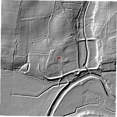 Shaded relief map of the ground around YO237BG, computed from Environment Agency LiDAR. The ground here sits at about 9 m above sea level and falls 11 m across the surrounding 800 m. Surface water reaching this point runs off ground lying to the north-west, 1.9 m higher.