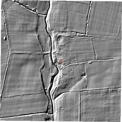 Shaded relief map of the ground around YO237BH, computed from Environment Agency LiDAR. The ground here sits at about 8 m above sea level and falls 7 m across the surrounding 800 m. Surface water reaching this point runs off ground lying to the east, 2.6 m higher.