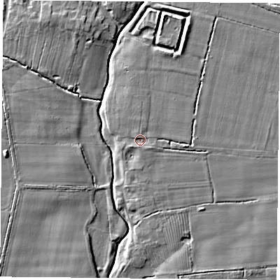 Shaded relief map of the ground around YO237BJ, computed from Environment Agency LiDAR. The ground here sits at about 8 m above sea level and falls 7 m across the surrounding 800 m. Surface water reaching this point runs off ground lying to the north-north-east, 2.5 m higher.