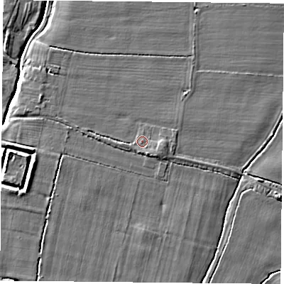 Shaded relief map of the ground around YO237BL, computed from Environment Agency LiDAR. The ground here sits at about 9 m above sea level and falls 6 m across the surrounding 800 m. Surface water reaching this point runs off ground lying to the east, 1.6 m higher.