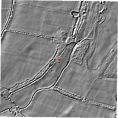 Shaded relief map of the ground around YO237BN, computed from Environment Agency LiDAR. The ground here sits at about 9 m above sea level and falls 4 m across the surrounding 800 m. The ground contributing surface water to this point lies to the north-west.