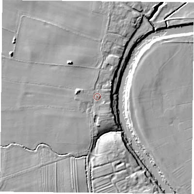Shaded relief map of the ground around YO237BP, computed from Environment Agency LiDAR. The ground here sits at about 9 m above sea level and falls 10 m across the surrounding 800 m. Surface water reaching this point runs off ground lying to the west-north-west, 1.9 m higher.