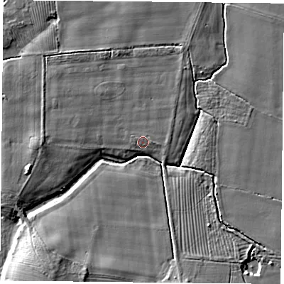 Shaded relief map of the ground around YO237BQ, computed from Environment Agency LiDAR. The ground here sits at about 8 m above sea level and falls 8 m across the surrounding 800 m. Surface water reaching this point runs off ground lying to the south-west, 7.5 m higher.