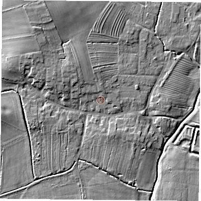 Shaded relief map of the ground around YO237BT, computed from Environment Agency LiDAR. The ground here sits at about 10 m above sea level and falls 10 m across the surrounding 800 m. Surface water reaching this point runs off ground lying to the north-north-west, 3.4 m higher.