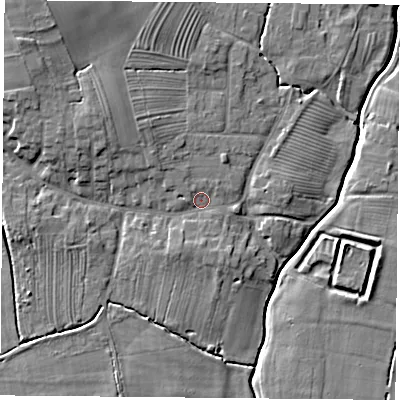 Shaded relief map of the ground around YO237BX, computed from Environment Agency LiDAR. The ground here sits at about 9 m above sea level and falls 10 m across the surrounding 800 m. Surface water reaching this point runs off ground lying to the north-west, 1.3 m higher.