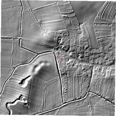 Shaded relief map of the ground around YO237BY, computed from Environment Agency LiDAR. The ground here sits at about 9 m above sea level and falls 10 m across the surrounding 800 m. Surface water reaching this point runs off ground lying to the north-north-west, 4.3 m higher.