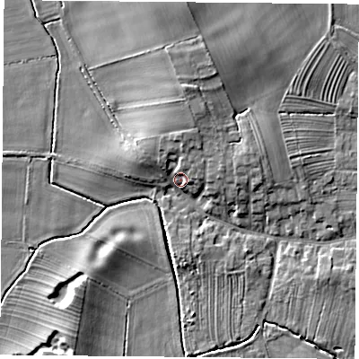 Shaded relief map of the ground around YO237DA, computed from Environment Agency LiDAR. The ground here sits at about 10 m above sea level and falls 11 m across the surrounding 800 m. Surface water reaching this point runs off ground lying to the north, 4.9 m higher.