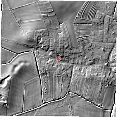 Shaded relief map of the ground around YO237DD, computed from Environment Agency LiDAR. The ground here sits at about 8 m above sea level and falls 10 m across the surrounding 800 m. Surface water reaching this point runs off ground lying to the north-north-west, 6.0 m higher.