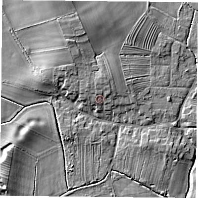 Shaded relief map of the ground around YO237DE, computed from Environment Agency LiDAR. The ground here sits at about 11 m above sea level and falls 11 m across the surrounding 800 m. Surface water reaching this point runs off ground lying to the north-north-east, 2.6 m higher.