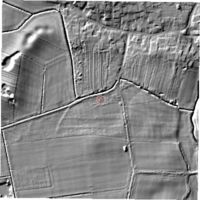 Shaded relief map of the ground around YO237DF, computed from Environment Agency LiDAR. The ground here sits at about 8 m above sea level and falls 8 m across the surrounding 800 m. Surface water reaching this point runs off ground lying to the west, 0.8 m higher.