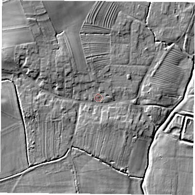 Shaded relief map of the ground around YO237DG, computed from Environment Agency LiDAR. The ground here sits at about 9 m above sea level and falls 10 m across the surrounding 800 m. Surface water reaching this point runs off ground lying to the north, 2.3 m higher.
