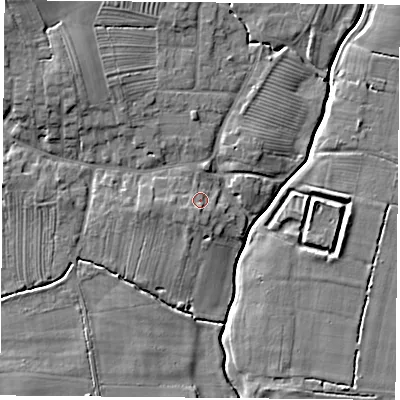 Shaded relief map of the ground around YO237DH, computed from Environment Agency LiDAR. The ground here sits at about 9 m above sea level and falls 10 m across the surrounding 800 m. Surface water reaching this point runs off ground lying to the south, 2.0 m higher.
