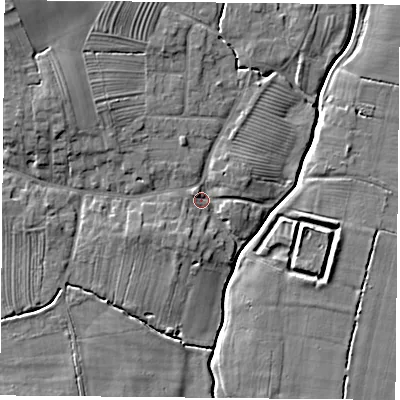 Shaded relief map of the ground around YO237DJ, computed from Environment Agency LiDAR. The ground here sits at about 8 m above sea level and falls 10 m across the surrounding 800 m. Surface water reaching this point runs off ground lying to the north-west, 7.2 m higher.