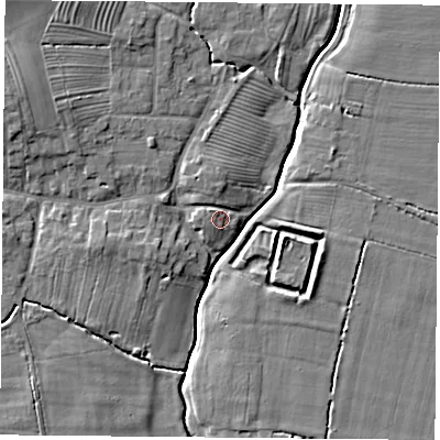 Shaded relief map of the ground around YO237DL, computed from Environment Agency LiDAR. The ground here sits at about 8 m above sea level and falls 9 m across the surrounding 800 m. Surface water reaching this point runs off ground lying to the north, 2.4 m higher.