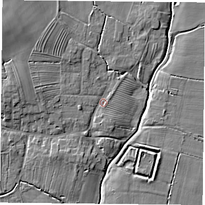 Shaded relief map of the ground around YO237DN, computed from Environment Agency LiDAR. The ground here sits at about 8 m above sea level and falls 10 m across the surrounding 800 m. Surface water reaching this point runs off ground lying to the north-west, 7.3 m higher.