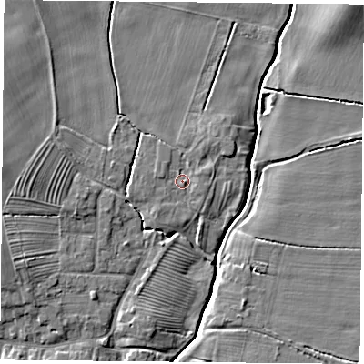 Shaded relief map of the ground around YO237DP, computed from Environment Agency LiDAR. The ground here sits at about 9 m above sea level and falls 9 m across the surrounding 800 m. Surface water reaching this point runs off ground lying to the west-north-west, 1.2 m higher.
