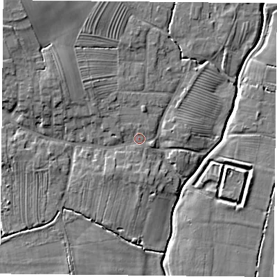 Shaded relief map of the ground around YO237DQ, computed from Environment Agency LiDAR. The ground here sits at about 9 m above sea level and falls 10 m across the surrounding 800 m. Surface water reaching this point runs off ground lying to the north-west, 2.5 m higher.