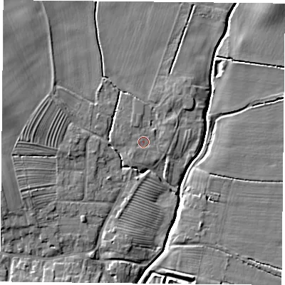 Shaded relief map of the ground around YO237DR, computed from Environment Agency LiDAR. The ground here sits at about 9 m above sea level and falls 9 m across the surrounding 800 m. Surface water reaching this point runs off ground lying to the north-north-west, 0.9 m higher.