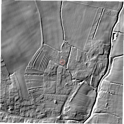 Shaded relief map of the ground around YO237DT, computed from Environment Agency LiDAR. The ground here sits at about 10 m above sea level and falls 10 m across the surrounding 800 m. Surface water reaching this point runs off ground lying to the west, 4.7 m higher.