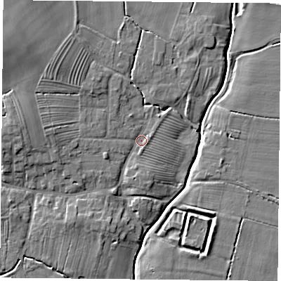 Shaded relief map of the ground around YO237DW, computed from Environment Agency LiDAR. The ground here sits at about 8 m above sea level and falls 10 m across the surrounding 800 m. Surface water reaching this point runs off ground lying to the north-west, 7.3 m higher.