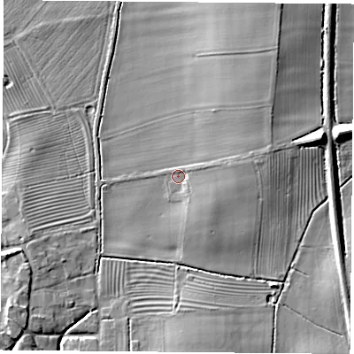 Shaded relief map of the ground around YO237DY, computed from Environment Agency LiDAR. The ground here sits at about 11 m above sea level and falls 14 m across the surrounding 800 m. Surface water reaching this point runs off ground lying to the east-north-east, 4.4 m higher.