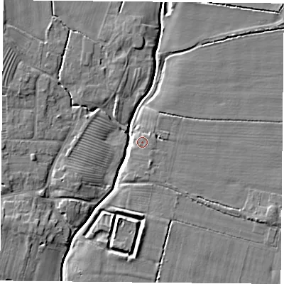 Shaded relief map of the ground around YO237DZ, computed from Environment Agency LiDAR. The ground here sits at about 9 m above sea level and falls 7 m across the surrounding 800 m. Surface water reaching this point runs off ground lying to the east, 0.9 m higher.