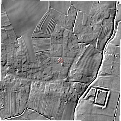Shaded relief map of the ground around YO237EA, computed from Environment Agency LiDAR. The ground here sits at about 9 m above sea level and falls 11 m across the surrounding 800 m. Surface water reaching this point runs off ground lying to the west, 2.5 m higher.
