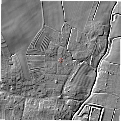 Shaded relief map of the ground around YO237EB, computed from Environment Agency LiDAR. The ground here sits at about 10 m above sea level and falls 11 m across the surrounding 800 m. Surface water reaching this point runs off ground lying to the north-west, 1.7 m higher.