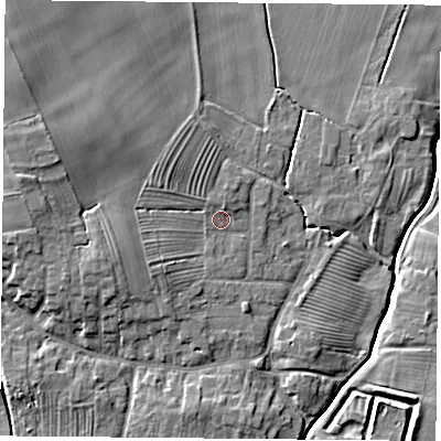 Shaded relief map of the ground around YO237ED, computed from Environment Agency LiDAR. The ground here sits at about 10 m above sea level and falls 12 m across the surrounding 800 m. Surface water reaching this point runs off ground lying to the west-north-west, 5.7 m higher.