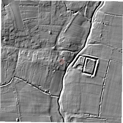 Shaded relief map of the ground around YO237EE, computed from Environment Agency LiDAR. The ground here sits at about 8 m above sea level and falls 9 m across the surrounding 800 m. Surface water reaching this point runs off ground lying to the north-west, 6.3 m higher.