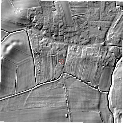 Shaded relief map of the ground around YO237EF, computed from Environment Agency LiDAR. The ground here sits at about 8 m above sea level and falls 9 m across the surrounding 800 m. Surface water reaching this point runs off ground lying to the west-north-west, 1.0 m higher.