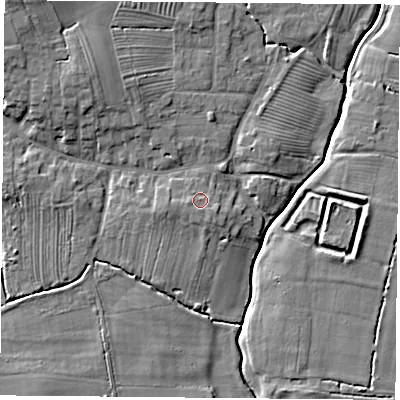 Shaded relief map of the ground around YO237EH, computed from Environment Agency LiDAR. The ground here sits at about 10 m above sea level and falls 10 m across the surrounding 800 m. Surface water reaching this point runs off ground lying to the south, 1.1 m higher.