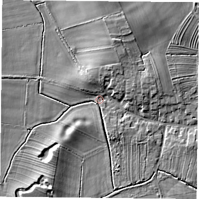 Shaded relief map of the ground around YO237EL, computed from Environment Agency LiDAR. The ground here sits at about 9 m above sea level and falls 10 m across the surrounding 800 m. Surface water reaching this point runs off ground lying to the north-west, 4.1 m higher.