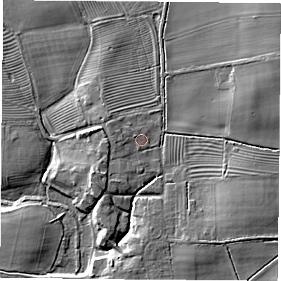 Shaded relief map of the ground around YO237HA, computed from Environment Agency LiDAR. The ground here sits at about 10 m above sea level and falls 12 m across the surrounding 800 m. Surface water reaching this point runs off ground lying to the west, 2.1 m higher.