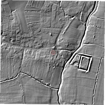 Shaded relief map of the ground around YO237HJ, computed from Environment Agency LiDAR. The ground here sits at about 9 m above sea level and falls 10 m across the surrounding 800 m. Surface water reaching this point runs off ground lying to the south-south-west, 1.5 m higher.
