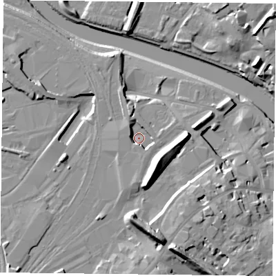 Shaded relief map of the ground around YO241AA, computed from Environment Agency LiDAR. The ground here sits at about 12 m above sea level and falls 19 m across the surrounding 800 m. Surface water reaching this point runs off ground lying to the south, 4.0 m higher.