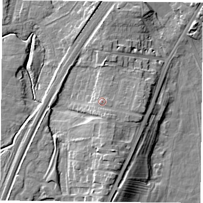 Shaded relief map of the ground around YO241DX, computed from Environment Agency LiDAR. The ground here sits at about 17 m above sea level and falls 13 m across the surrounding 800 m. Surface water reaching this point runs off ground lying to the south-south-east, 2.9 m higher.