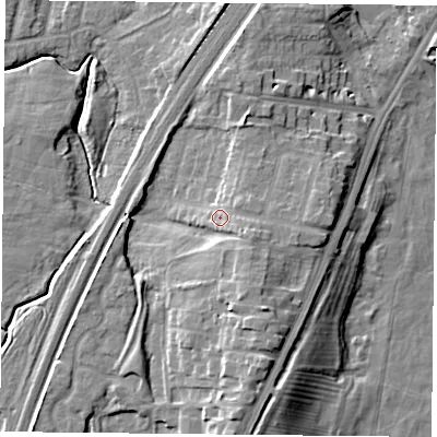Shaded relief map of the ground around YO241DY, computed from Environment Agency LiDAR. The ground here sits at about 16 m above sea level and falls 13 m across the surrounding 800 m. Surface water reaching this point runs off ground lying to the south-east, 4.3 m higher.