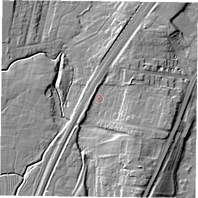 Shaded relief map of the ground around YO241EB, computed from Environment Agency LiDAR. The ground here sits at about 12 m above sea level and falls 12 m across the surrounding 800 m. Surface water reaching this point runs off ground lying to the south-south-east, 8.8 m higher.