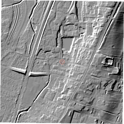 Shaded relief map of the ground around YO241HJ, computed from Environment Agency LiDAR. The ground here sits at about 13 m above sea level and falls 12 m across the surrounding 800 m. Surface water reaching this point runs off ground lying to the north-east, 9.1 m higher.